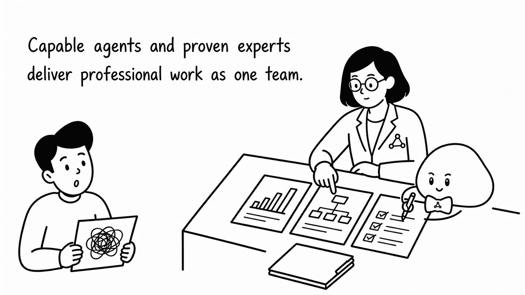A capable agent and a proven female expert work together on professional documents as one team.