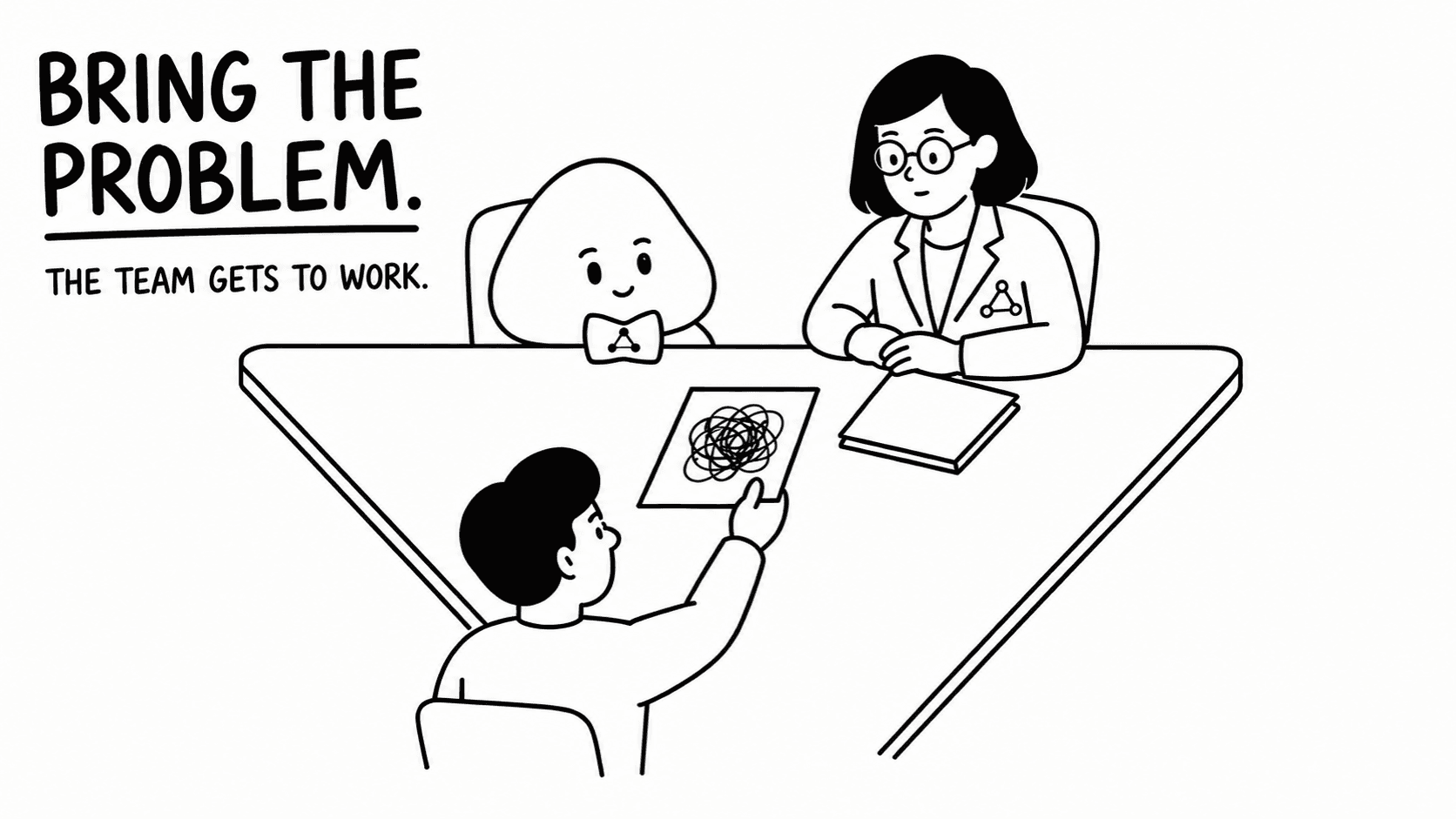 A buyer hands a problem to an Agent and Expert beneath the words: Bring the problem. The team gets to work.